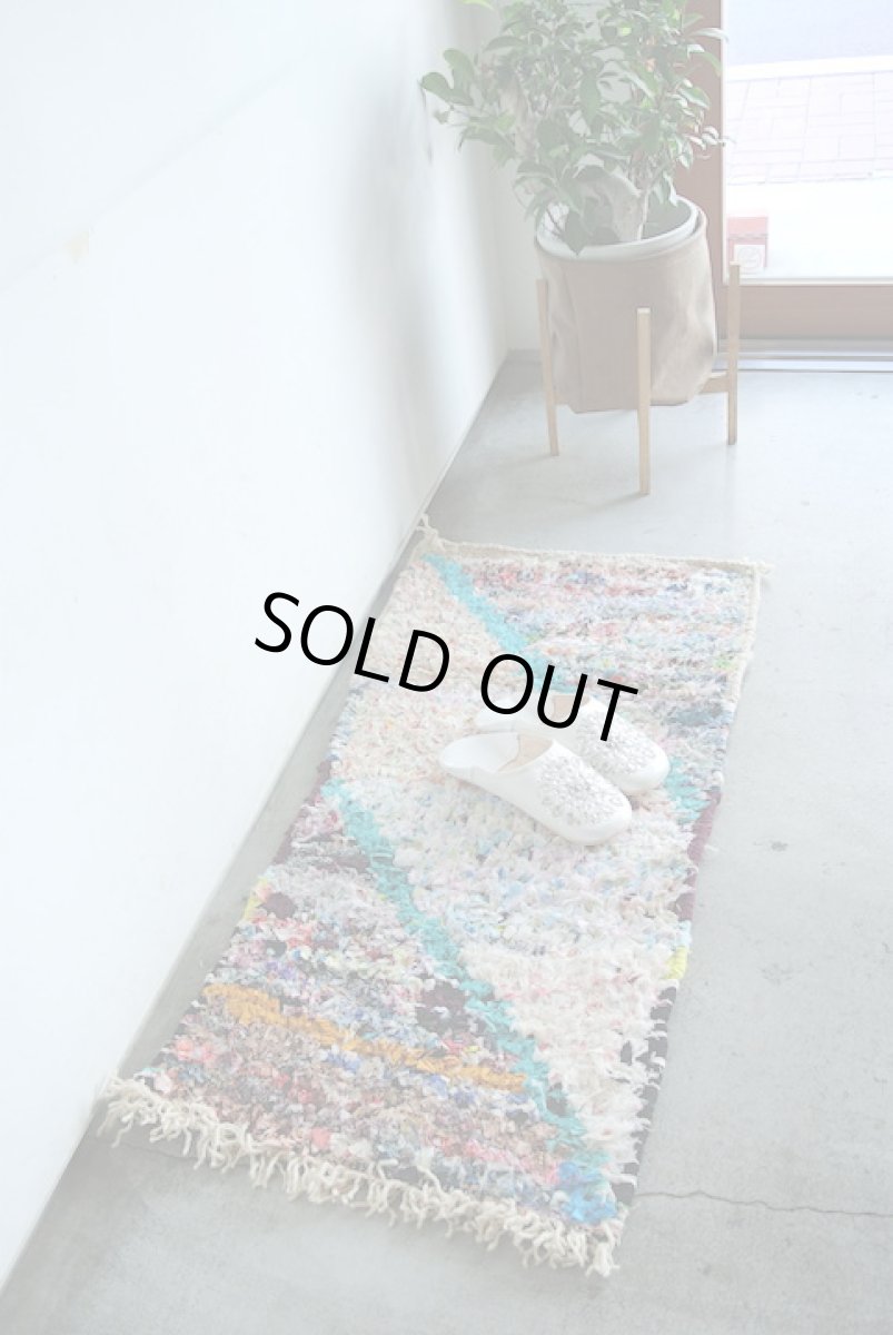 画像2: モロッコラグ｜ボシャルウィット・パステルミックス×グリーンライン（約100×50cm） 一点もの　送料無料　美品 (2)