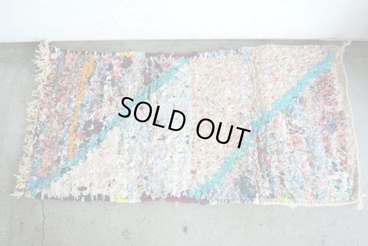 画像3: モロッコラグ｜ボシャルウィット・パステルミックス×グリーンライン（約100×50cm） 一点もの　送料無料　美品 (3)