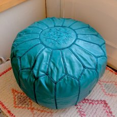 画像1: モロッコ革製オットマン｜プフ（ターコイズブルー） (1)