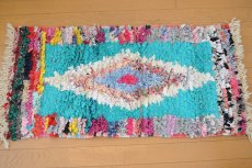 画像4: モロッコラグ｜ボシャルウィット・ミントグリーン×ピンク（約98×50cm） 玄関マット　一点もの　送料無料　美品 (4)