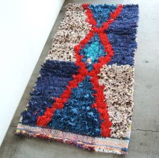 画像1: モロッコラグ｜ボシャルウィット・ブルー×レッド（約106×49cm） 玄関マット　一点もの　送料無料　美品 (1)