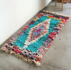 画像1: モロッコラグ｜ボシャルウィット・ミントグリーン×ピンク（約98×50cm） 玄関マット　一点もの　送料無料　美品 (1)