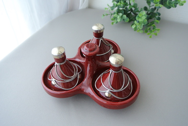 ”モロッコミニタジン陶器小物入れ3連ボルドー”/